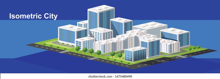 Isometric buildings. City streets with roads and trees. Build the concept of 3d, cars, offices and the metropolis. City infrastructure. Vector image.