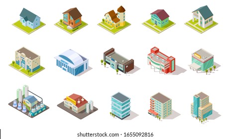 Isometric buildings. City urban infrastructure, residential, industrial and social buildings 3d vector set
