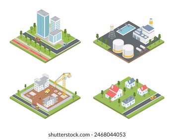 Edificios isométricos. Infraestructura urbana de la ciudad, residencial, industrial, casas privadas, planta o fábrica, conjunto de rascacielos de oficina.