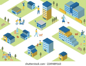 isometric buildings and everyday people with pets