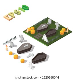 isometric buildings Flat style of Halloween graveyard 3d icons. Vector illustration white background