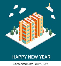 Isometric buildings in the form of 2016. Isometric vector illustration. New Year poster.