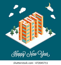 Isometric buildings in the form of 2017. New Year poster, flyer template. Real estate. Winter landscape. Holiday vector illustration on a blue background