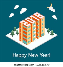 Isometric buildings in the form of 2018. New Year poster, flyer template. Real estate, construction concept. City landscape with big towers. Creative holiday vector illustration on a blue background