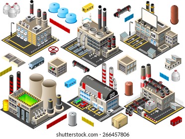 Isometric Buildings. Industrial Factory Set. Flat 3D Urban City Map Isolated Elements  Isometric Industrial Building Infographic Game Tiles Collection. Urban Farm Map Industry Vector Business Icon Set