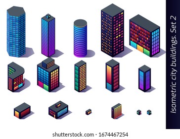 Isometric buildings for map, game or decoration. Downtown skyscrapers, industrial buildings and residental district models