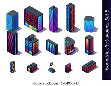 Edificios isométricos para el mapa, juego o decoración. Rascacielos del centro, edificios industriales y modelos de distrito residencial