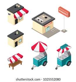 Isometric buildings of market, store, hot dog carts icons set on white background