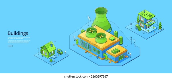 Isometric buildings, power station, house and store. Vector poster of city residential, industrial and commercial architecture. Banner with urban buildings, cottage and energy plant