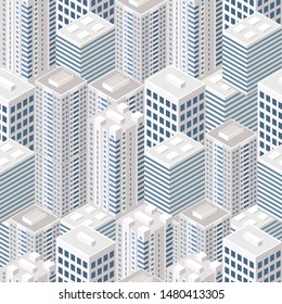 Isometric buildings. Seamless pattern. City streets with roads and trees. Build 3d concept, offices and metropolis. City infrastructure. Vector image.