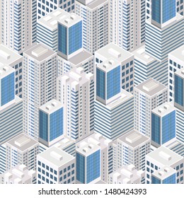 Isometric buildings. Seamless pattern. City streets with roads and trees. Build 3d concept, offices and metropolis. City infrastructure. Vector image.