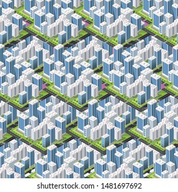 Isometric buildings. Seamless pattern. City streets with roads and trees. Build 3d concept, offices and metropolis. City infrastructure. Vector image.
