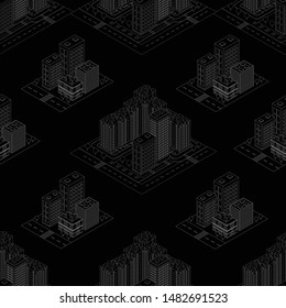 Isometric buildings. Seamless pattern. City streets with roads and trees. Build 3d concept, offices and metropolis. City infrastructure. Vector image. 