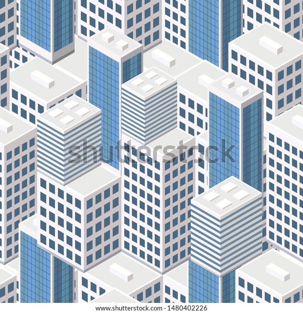 Isometric buildings. Seamless pattern. City\
streets with roads and trees. Build 3d concept, offices and\
metropolis. City infrastructure. Vector\
image.
