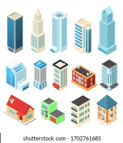 Isometric Buildings Set Isolated On White, Office Skyscraper And Residential House, Vector Illustration. Modern City Architecture, Set To Build Isometric Metropolis. American Downtown Urban Building