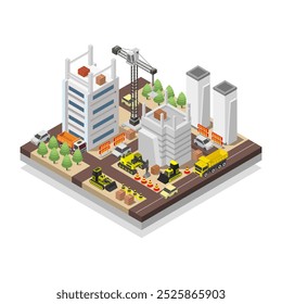 Edificios isométricos en construcción sobre fondo