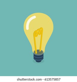 Isometric bulb design. Idea concept, solution innovative technology. Creative idea icon, yellow light. Vector flat style. Electric lamp. Invention, eureka.