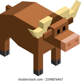 Isometric bull. Cubic animal. Pixel low poly icon