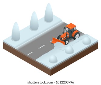Isometric bulldozer cleans from the road old snow. Vector illustration of snowblower