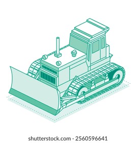 Isometric bulldozer isolated on white background. Construction equipment machine. Vector illustration. Outline style. Construction vehicle.