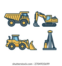 Bulldozers isométricos y cargadores frontales Vector para la minería de movimiento de tierras.