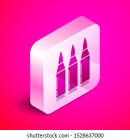 Isometric Bullet icon isolated on pink background. Silver square button. Vector Illustration