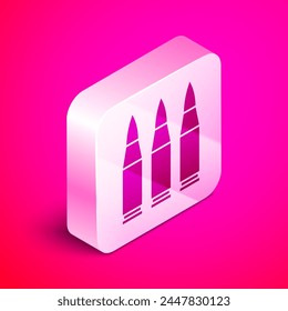 Isometric Bullet icon isolated on pink background. Silver square button. Vector