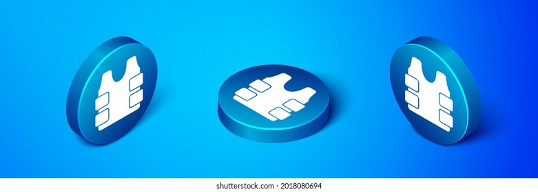 Isometric Bulletproof vest for protection from bullets icon isolated on blue background. Body armor sign. Military clothing. Blue circle button. Vector