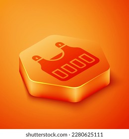 Coffre Isométrique à l'épreuve des balles pour la protection contre l'icône des balles isolée sur fond orange. Panneau de l'armure. Vêtements militaires. Bouton hexagone orange. Image vectorielle
