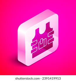 Isometric Bulletproof vest for protection from bullets icon isolated on pink background. Body armor sign. Military clothing. Silver square button. Vector