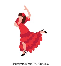 Isometric bullfight composition with isolated character of woman dancing in red dress vector illustration