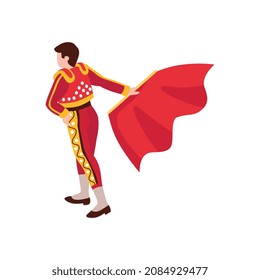 Isometric bullfight composition with isolated character of bullfighter holding red cloth vector illustration