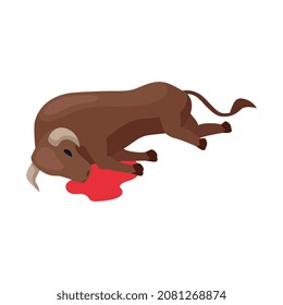 Isometric bullfight composition with isolated image of dead bull with blood spot vector illustration