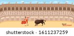 Isometric bullfight corrida composition with panoramic view of fight arena with character of toreador and bull vector illustration