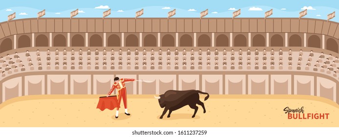 Isometric bullfight corrida composition with panoramic view of fight arena with character of toreador and bull vector illustration