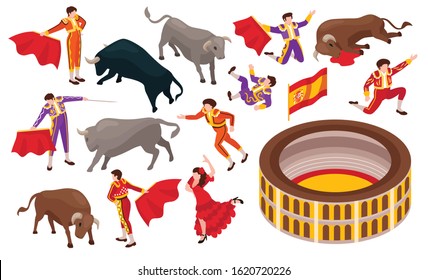 Isometric bullfight set of isolated icons with arena and bulls fighting with toreador on blank background vector illustration