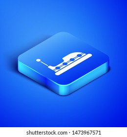 Isometric Bumper car icon isolated on blue background. Amusement park. Childrens entertainment playground, recreation park. Blue square button. Vector Illustration