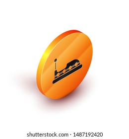 Isometric Bumper car icon isolated on white background. Amusement park. Childrens entertainment playground, recreation park. Orange circle button. Vector Illustration