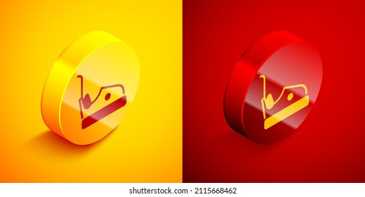 Isometric Bumper car icon isolated on orange and red background. Amusement park. Childrens entertainment playground, recreation park. Circle button. Vector