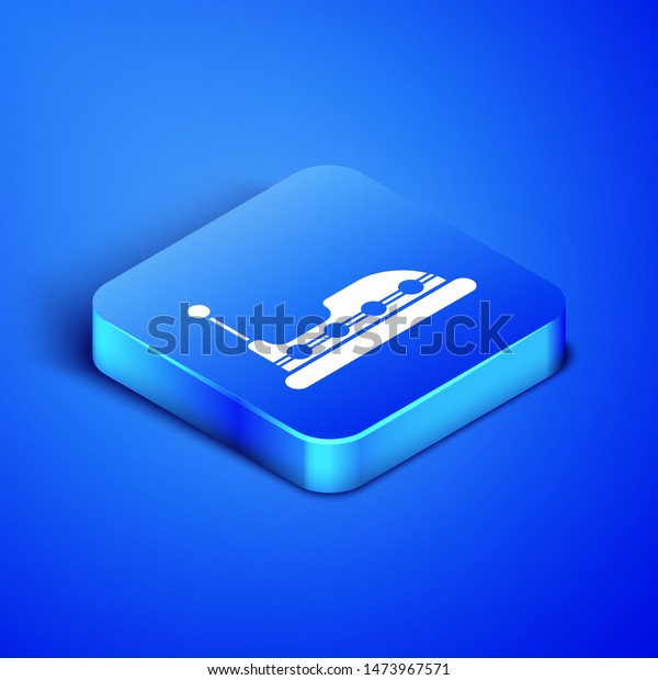 Isometric Bumper car icon
isolated on blue background. Amusement park. Childrens
entertainment playground, recreation park. Blue square button.
Vector Illustration