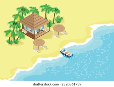 Isometric bungalow located on a tropical beach with a sandy palm tree pier and a boat moored in the blue beautiful sea. Vector illustration.