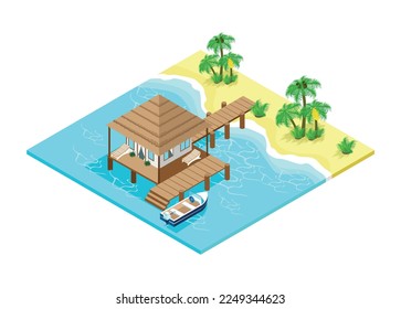 An isometric bungalow with a pier and a moored boat standing in the blue beautiful sea on a tropical coast with evergreen palm trees. Vector illustration isolated on white background.