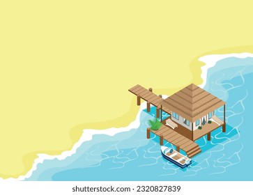 Isometric bungalow with a pier and a moored boat standing in the blue beautiful sea on the shore. Vector illustration isolated on white background.