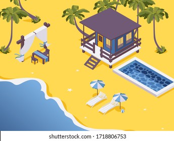 Isometric bungalow with pool and dining table on the sea beach scene