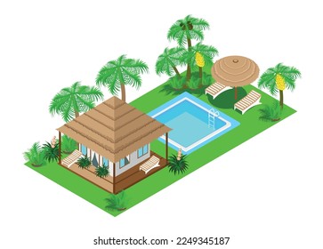 Isometric bungalow with a terrace, a swimming pool, sun loungers, beach umbrellas in a tropical forest with evergreen palm trees and flowers. Illustration on a white background.