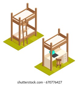 Isometric bunk bed and loft bed illustration. Isolated vector wooden bedroom furniture icons.