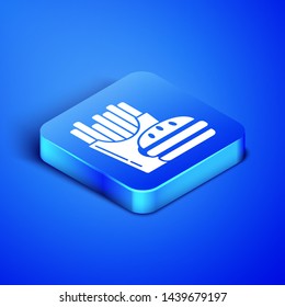 Isometric Burger and french fries in carton package box icon isolated on blue background. Hamburger, burger, cheeseburger sandwich. Fast food menu. Blue square button. Vector Illustration