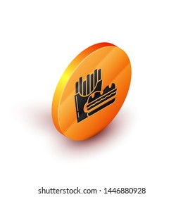 Isometric Burger and french fries in carton package box icon isolated on white background. Hamburger, burger, cheeseburger sandwich. Fast food menu. Orange circle button. Vector Illustration