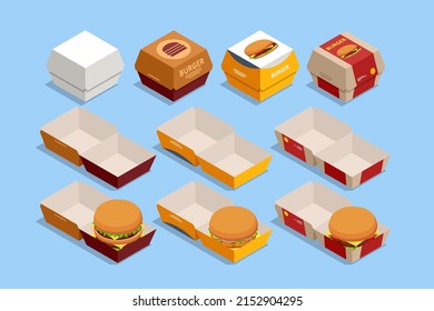 Isometric burger, hamburger in red and beige paper boxes for burgers. Top and front side view isolated on white background