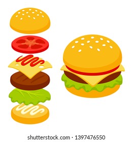 Isometric burger icon with ingredient layers. Classic fast food sandwich vector illustration in simple flat cartoon style.